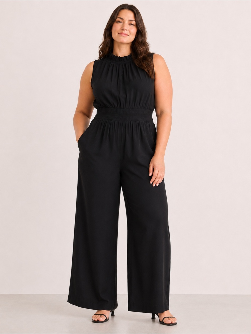 Grade & Gather Black Ruffle Neck Smocked Wide Leg Jumpsuit Size L